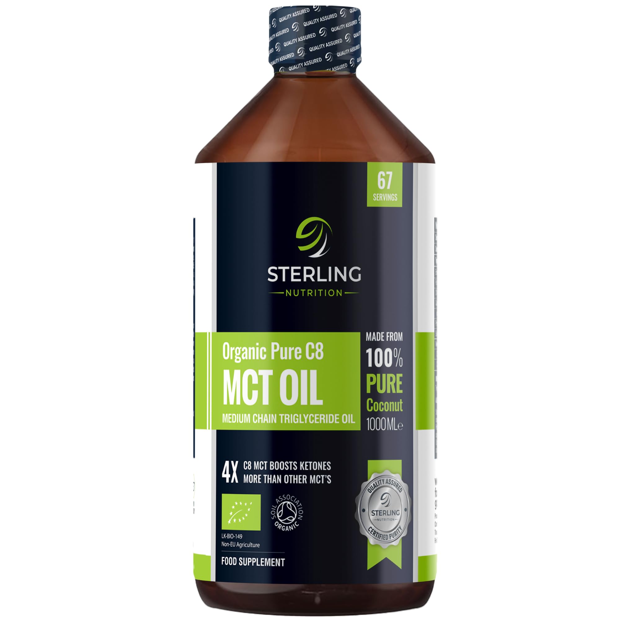 MCT Oil Organic Pure C8 Caprylic Acid, 1000ml | from 100% Coconut Oil | Suitable for Keto & Fasting | Vegan, Gluten-Free & Lab Tested | STERLING NUTRITION