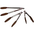 Brown Kitchen Tongs with Silicone Tips - Set Of 3 Locking Tongs for Cooking -7,9,12" - For Bbq Grill, Oven Baking, Salad Stea