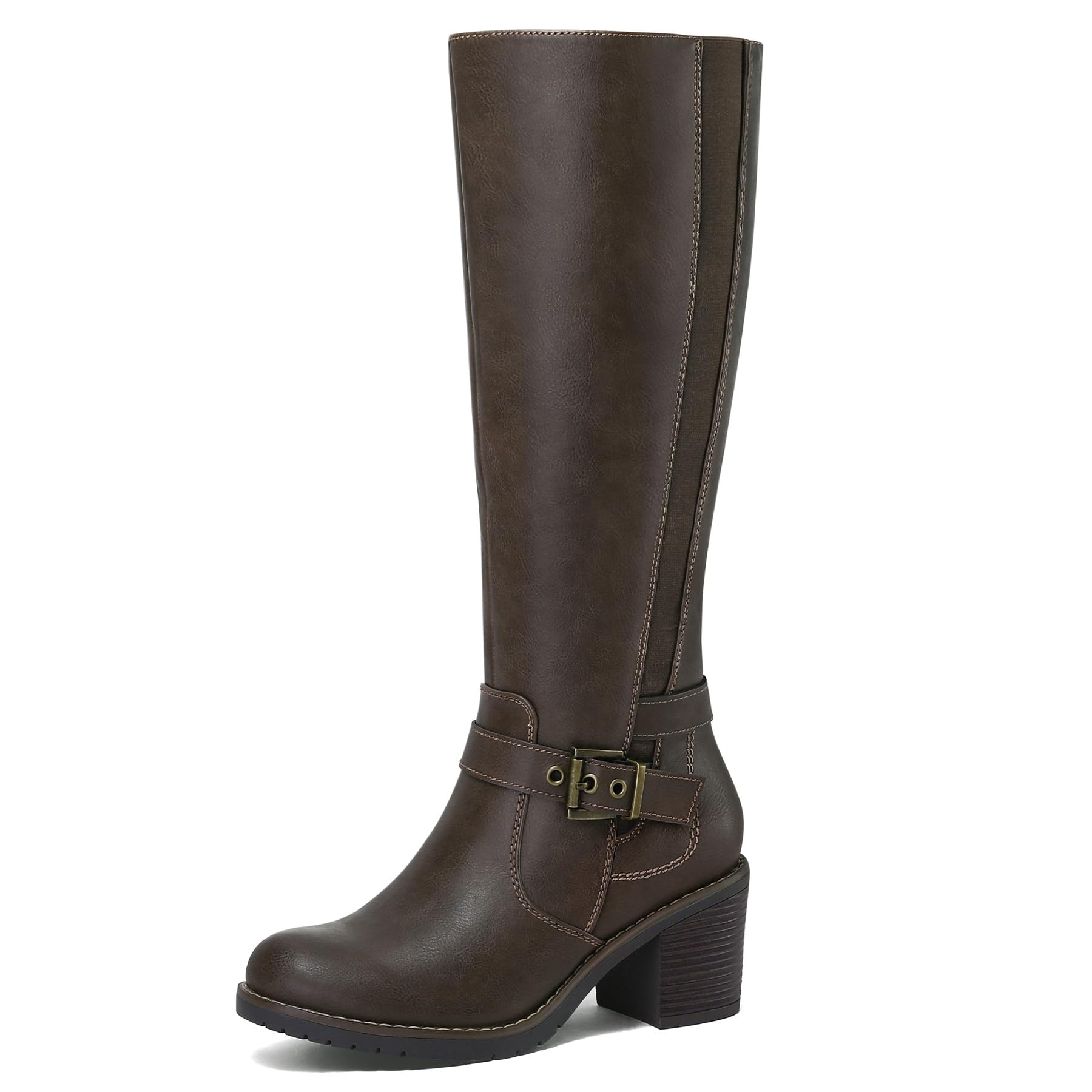 Photo 1 of mysoft Women's Knee High Boots Chunky Block Heels with Side Zipper and Stretchy Elastic Panels