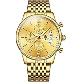 OLEVS Men's Stainless Steel Chronograph Watch, Big Face Gold Silver Black Tone Easy to Read Analog Quartz Watch, Luxury Waterproof Date Diamond Roman Arabic Numerals Dial Dress Watch for Men