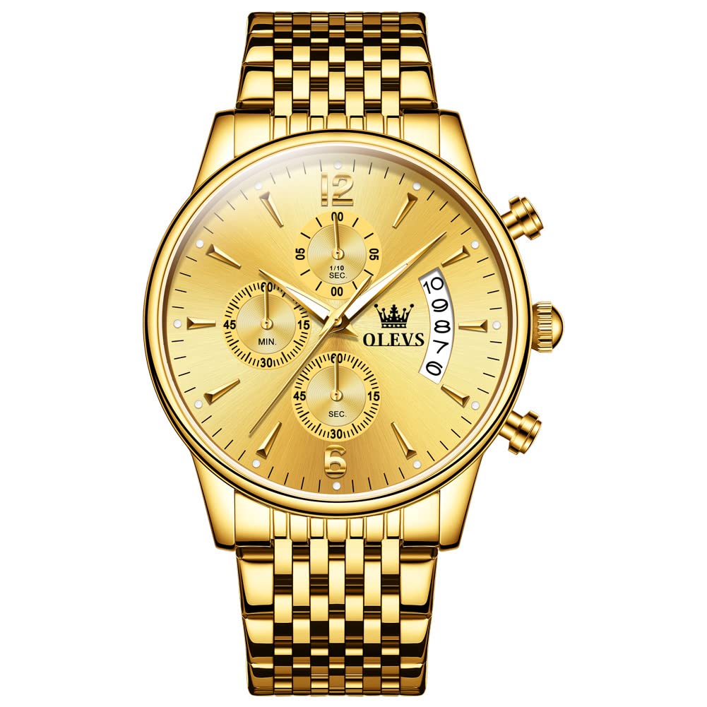 Buy OLEVS Yellow Gold Watches for Men Large Face Stainless Steel Quartz  Watches with Date Casual Luminous Water Resistant Men's Chronograph Watch  Three Hands 14K Gold Dress Watch Arabic Numeral Male |