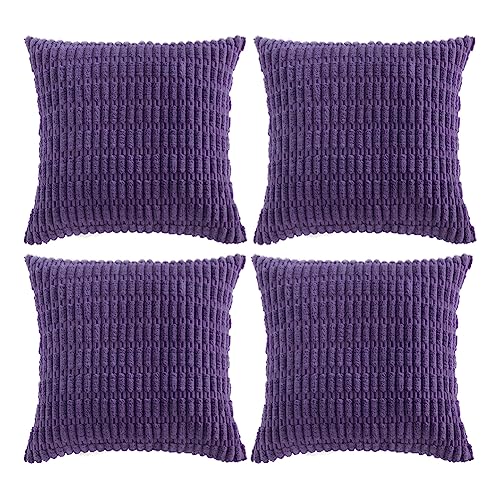 Fancy Homi 4 Packs Purple Decorative Throw Pillow Covers 16x16 Inch for Living Room Couch Bed, Rustic Modern Farmhouse Boho Home Decor, Soft Plush Corduroy Cute Square Accent Cushion Case 40x40 cm