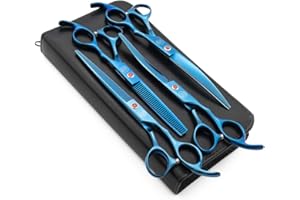 Moontay Professional 7.0" Dog Grooming Scissors Set, 4-pieces Straight, Upward Curved, Downward Curved, Thinning/Blending Shears for Dog, Cat and Pets, JP Stainless Steel, Blue