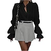 SweatyRocks Women's Puff Sleeve Button Down Shirt Vintage Loose Fit Blouse Dressy Casual Tops