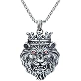 Crown King Lion Head Pendant Necklace for Men Women,Stainless steel Red Eyes Lion Charm Jewelry Chain Necklace for Mens,Viking King Lions Protection Amulet Necklaces,24inch Chain