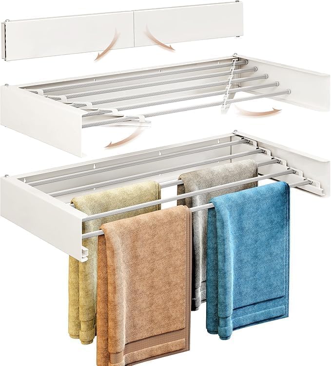 Wall Mounted Drying Rack, Laundry Clothes Drying Racks Foldable, Collapsible Drying Rack Clothing Wall Mount, Wall Template for Indoor Outdoor Hanging Clothes, 5 Rods, 31.5 Inch