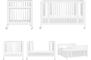 babyletto Rolli 9-in-1 Convertible Baby Crib w/Wheels - Includes Pad & Conversion Kits for Bassinet, Standard Crib, Toddler Bed, Daybed & Junior Bed - GREENGUARD Gold - 3 Adjustable Heights - White