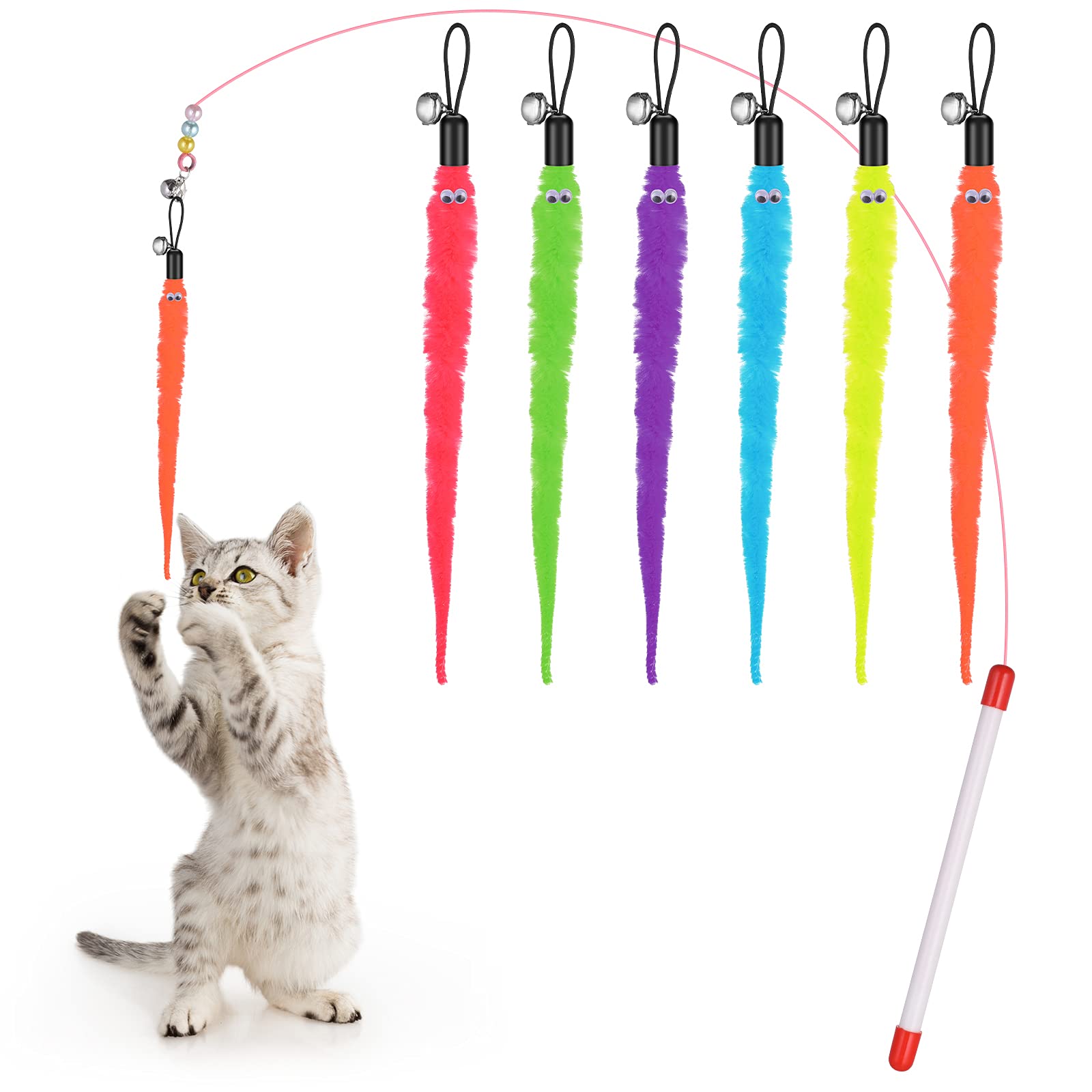 Molain Cat Wand Toy Set - 6Pcs Furry Tail Worms with Bells Interactive Cat Chaser Toys — image 1