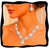 Aukmla Silver Bridal Wedding Jewelry Set Sparkly Crystal Wedding Necklace Earrings Sets Rhinestone Prom Jewelry for Women and Brides