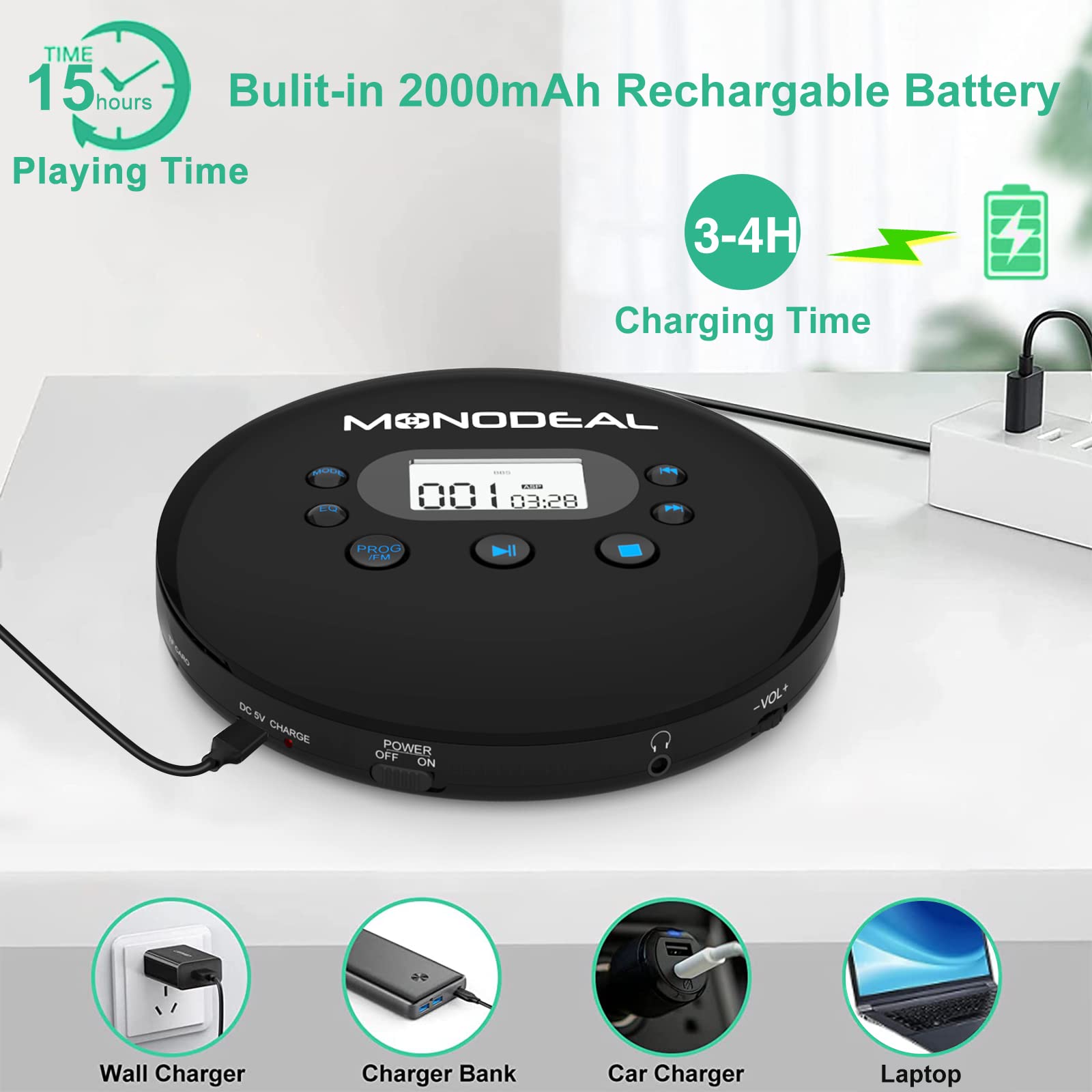 MONODEAL CD Player Portable, Portable CD Player with FM Transmitter, Rechargeable CD Player for Car for Home Travel with Anti-Skip Protection Compact CD Player with Headphones