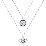 Evil Eye Necklace Layered Necklaces for Women, 2Pcs Silver Evil Eye Necklace Handmade Evil Eye Jewelry Protection Gifts (silv
