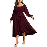 SCOMCHIC Women Plus Size Cocktail Dress Formal Long Sleeve Wedding Guest Smocked High Low Ruffle Dress with Belted