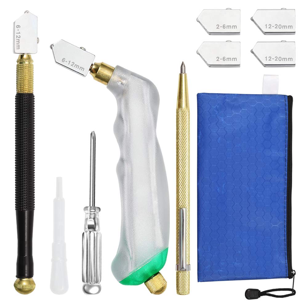 SPEEDWOX Pistol Grip Glass Cutter Tool Set Pencil Style Oil Feed Carbide Tip with 4 Replaceable Blades 2mm-20mm Tungsten Carbide Tip Scriber Oil Dropper Screwdrive for Glass Cutting Mirror Tiles