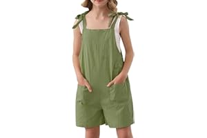Lindanina Girls Romper Sleeveless Adjustable Tie-Up Strap Short Jumpsuits Summer Clothes with Pocket 5-12 years