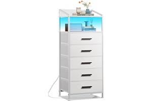 EKNKOZY Nightstand 5 Drawer Dresser with LED Lights and Charging Station, Vertical Side Table with Fabric Drawers, End Table with Open Shelf, Tall Dresser for Bedroom, Hallway, Entryway, White