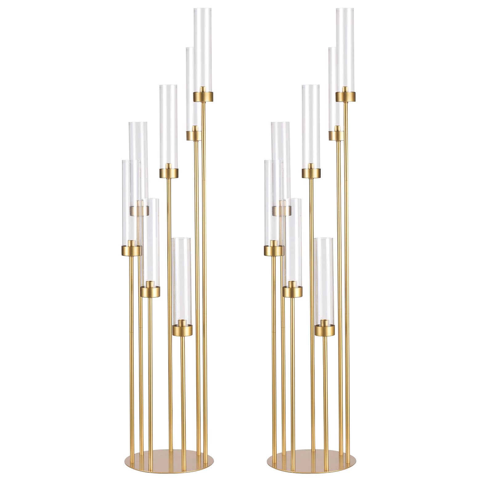 Photo 1 of 2Pcs Gold 7 Arm Candelabra Candle Stand for Wedding, Metal Candlestick Holder with Acrylic Lampshade for Theme Party Table Centerpieces Wedding Holiday Birthday Party (48Inch) Fit LED Taper Candles