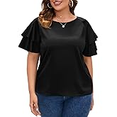 ZOMVA Women's 2024 Plus Size Satin Blouse Short Ruffle Sleeves Silk Top Dressy Shirt Office Elegant
