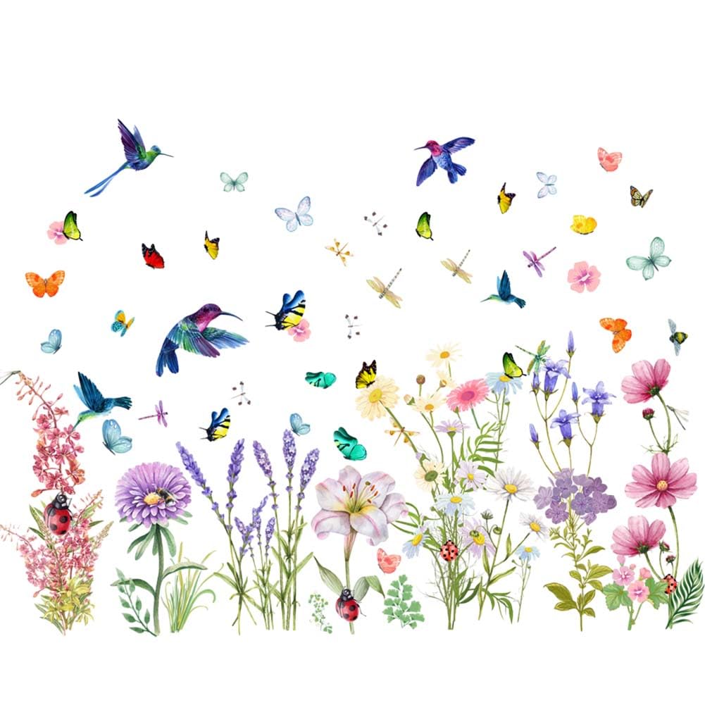 2PCS Garden Flower Wall Stickers,Butterfly Decals for Walls,Dragonfly Window Stickers,Birds Stickers Wall Removable for Nursery Bedroom Living Room Art Home Mural Decoration Decor