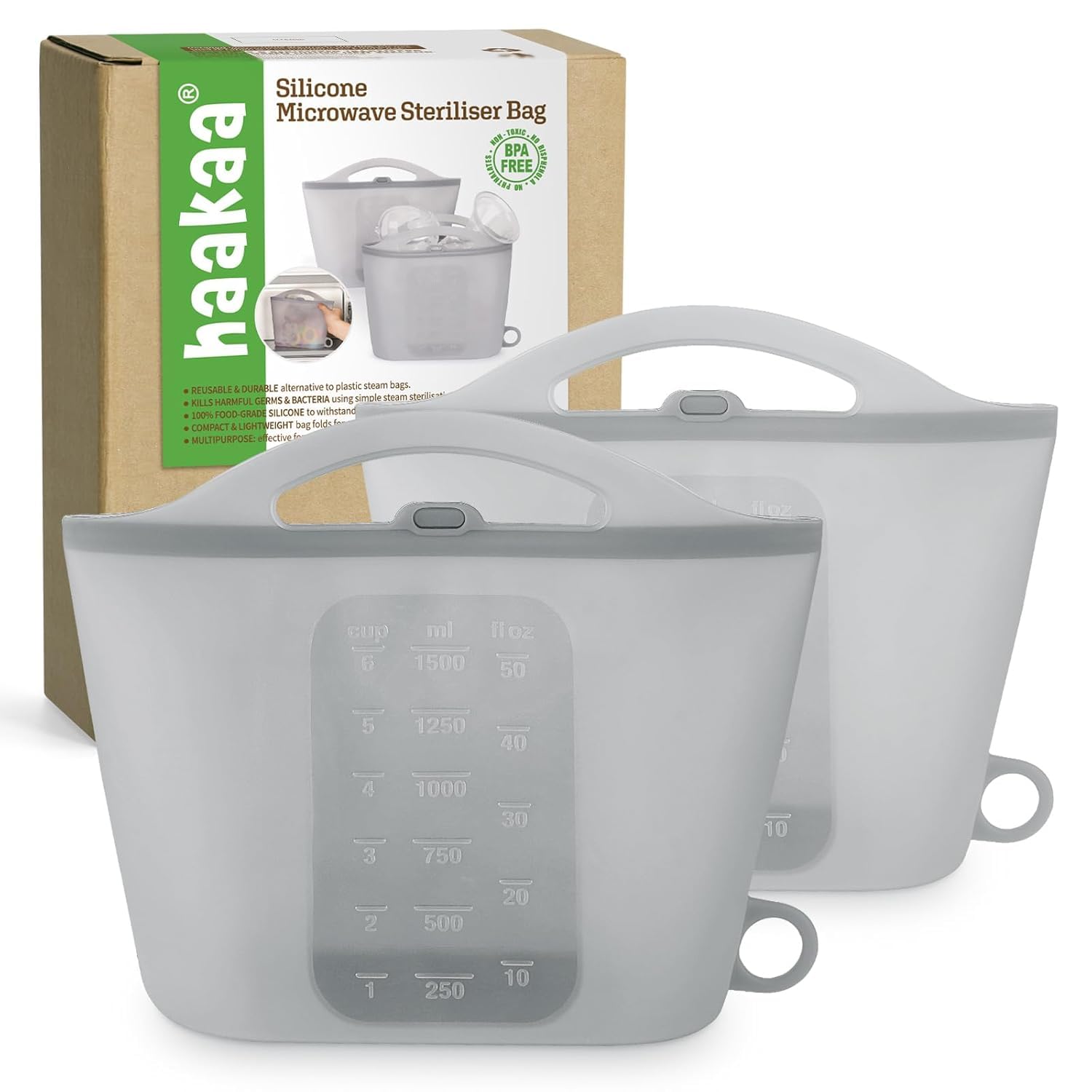 Haakaa Silicone Microwave Steam Sterilizer Bags, Reusable Silicone Steaming Bags for Baby Bottles, Breast Pump, Accessories, Pacifiers and Teethers, Great for Home and Travel, Grey (2PCS)