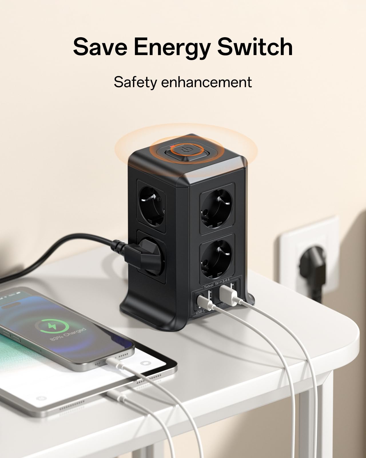Mehrfachsteckdose mit USB C, 8 Fach Steckdosenleiste mit Schalter, Steckdose mit 4 USB, Mehrfachstecker 3M Verlängerungskabel, Steckdosenwürfel mit Überspannungsschutz für Zuhause,Büro,Küche,2500W 6