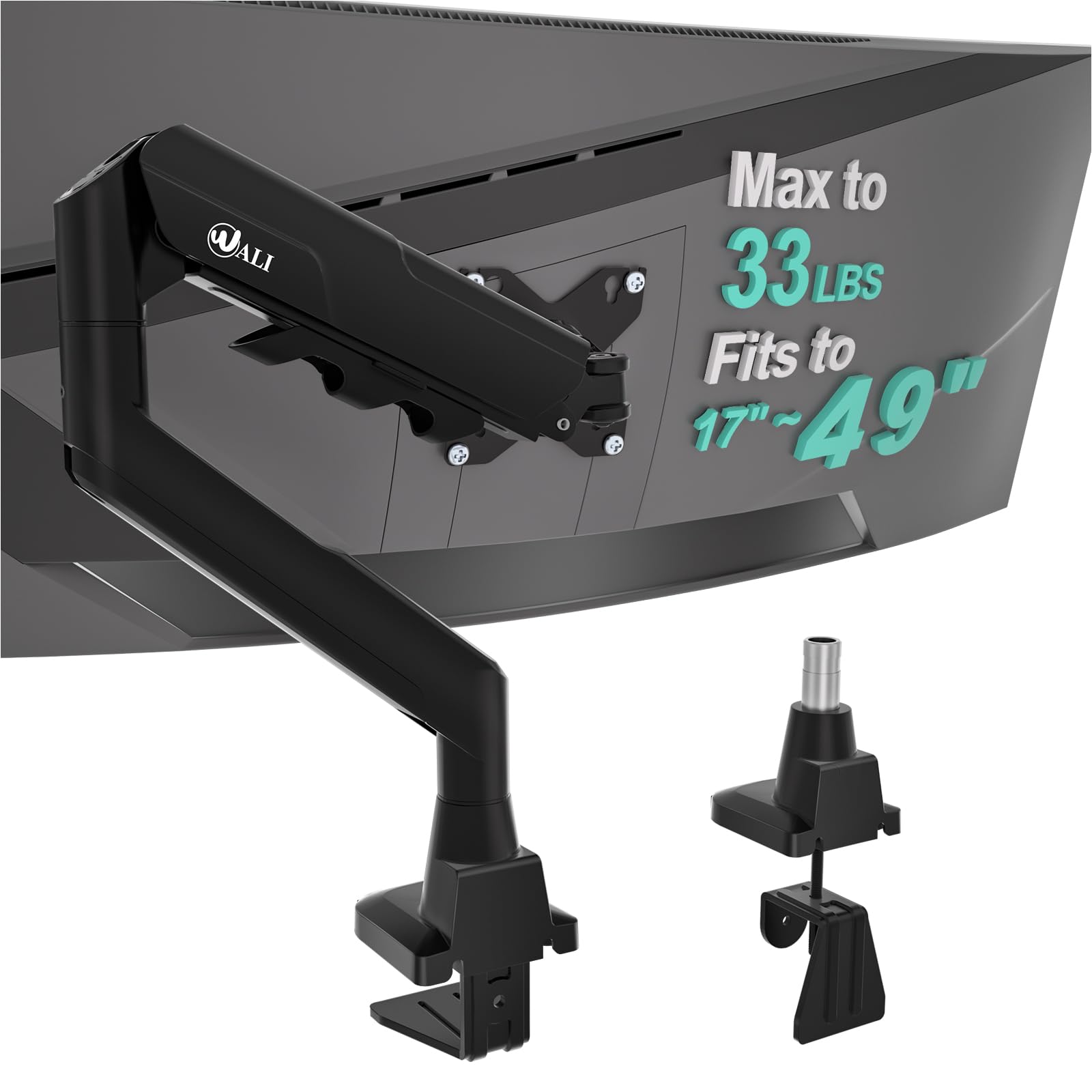 Photo 1 of WALI Heavy Duty Single Monitor Arm for 17-49 Inch Flat Curved Ultrawide Screens, up to 33 Lbs, Adjustable Gas Spring Single Monitor Desk Mount for Home Office Gaming, VESA 75/100mm (GSM001XLN), Black