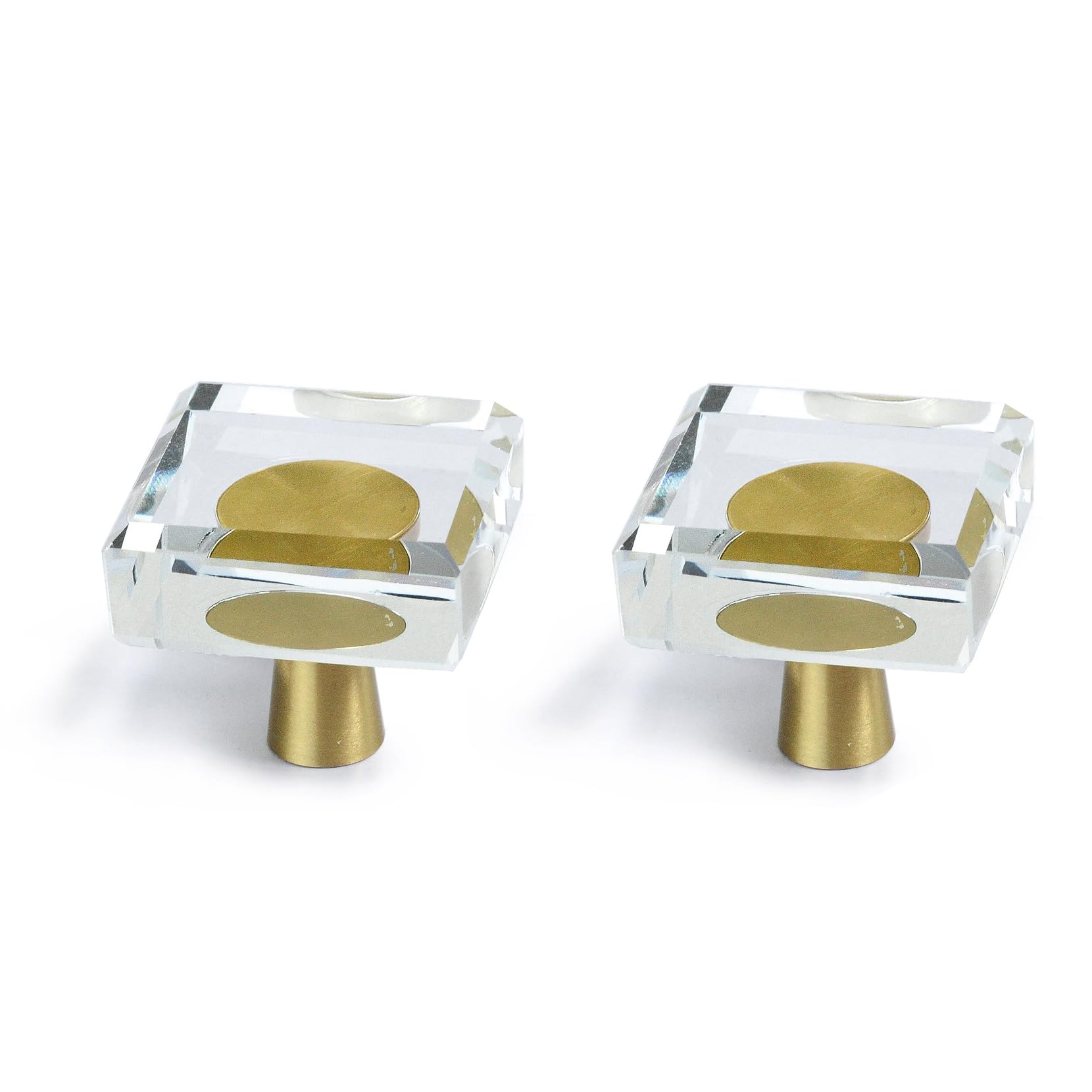 JEREVER 2 Pack Glass Crystal Knobs Brass Drawer Pull Cabinet Handle Gold Furniture Hardware for Dresser Kitchen (Square)