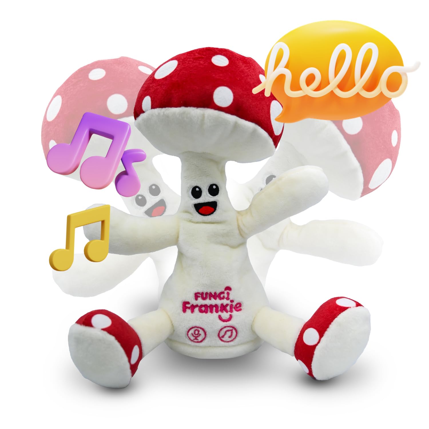 FUNGI Frankie Interactive Plush Toy with Sounds, Repeat What You Say Talking Toys, Musical Dancing Plushie Mushroom, Early Development Activity Toy, Gift for Kids Toys for Ages 3+, White & Red