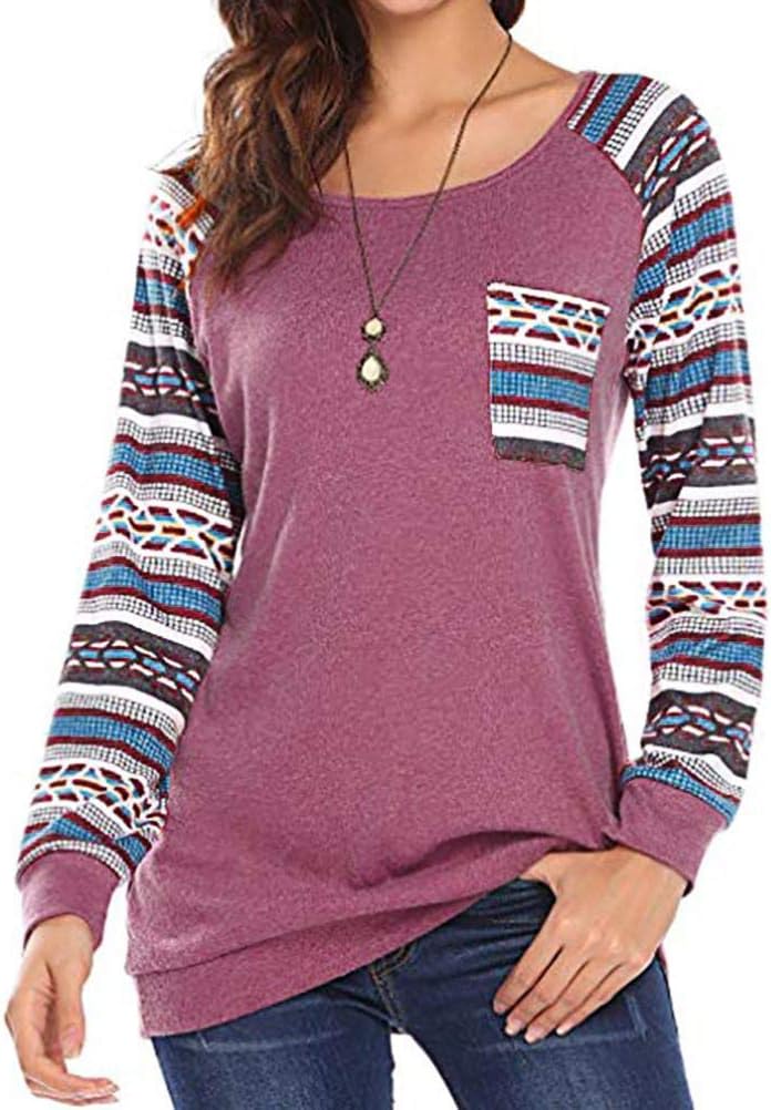 SEWORLD Women Fashion Long Sleeve Pocket Printed Patchwork Blouse Tops Clothes T Shirt