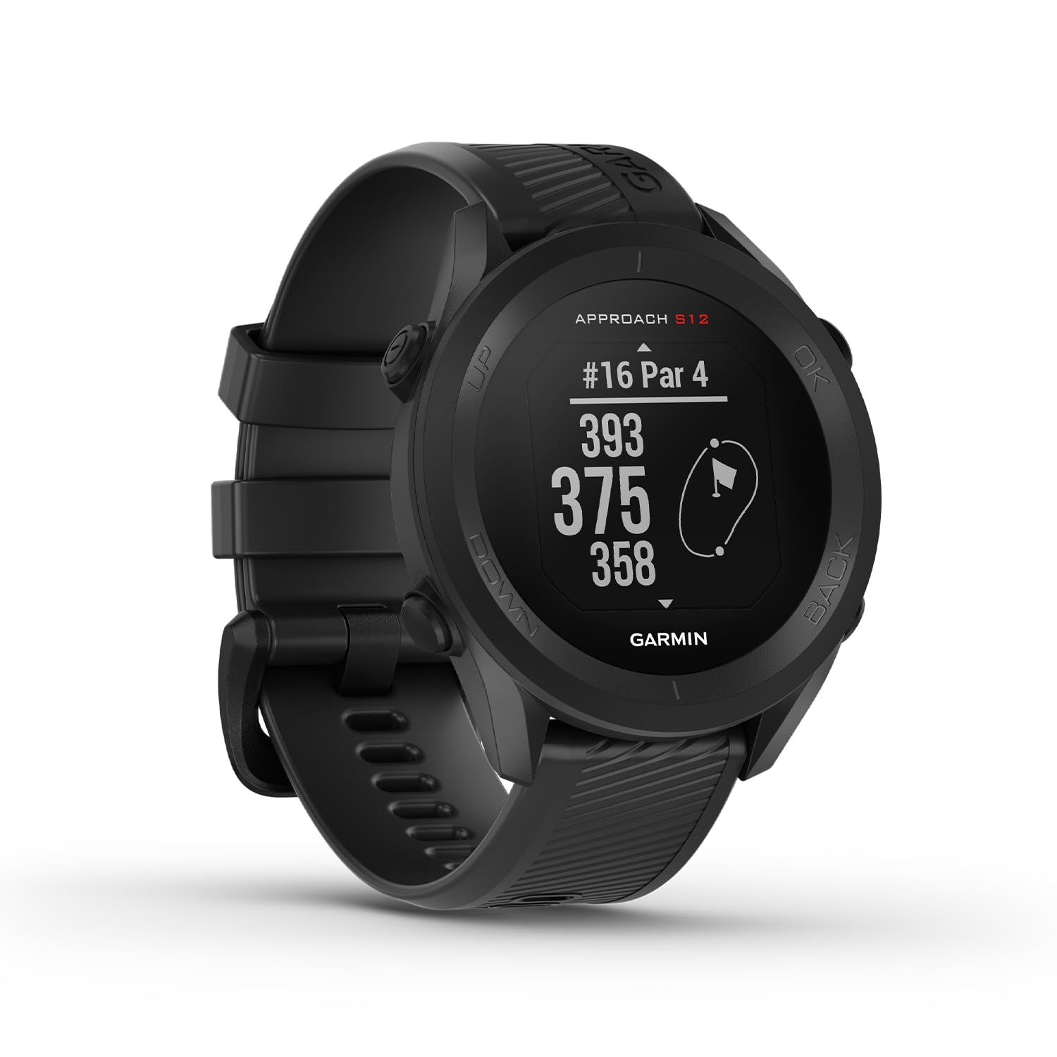 Garmin Approach S12 GPS golf watch with stroke distance measurement and distance to green/obstacles on 42,000 golf courses. 1.3 inch display with easy operation and up to 30 hours of battery life in