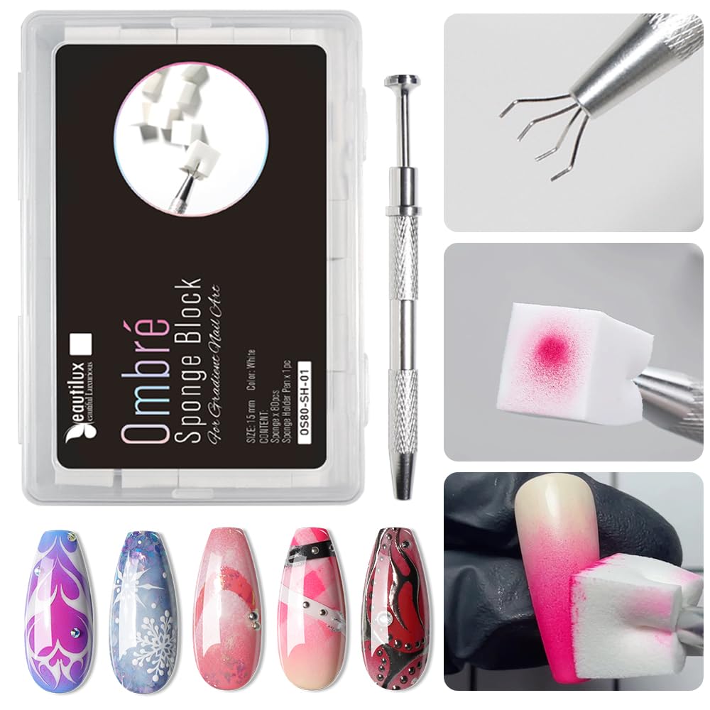 Beautilux 80pcs Nail Art Sponge Brush Nail Art Brush 15mm per Side with Metal Clip for Nail Art Gradient Colour Manicure