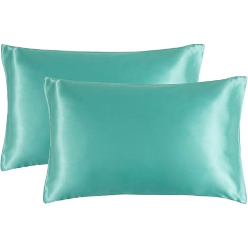 Bedsure Turquoise Satin Pillowcase for Hair and Skin, 2-Pack - Green Pillow Cases Standard Size (20x26 inches) - Satin Pillow Covers with Envelope Closure