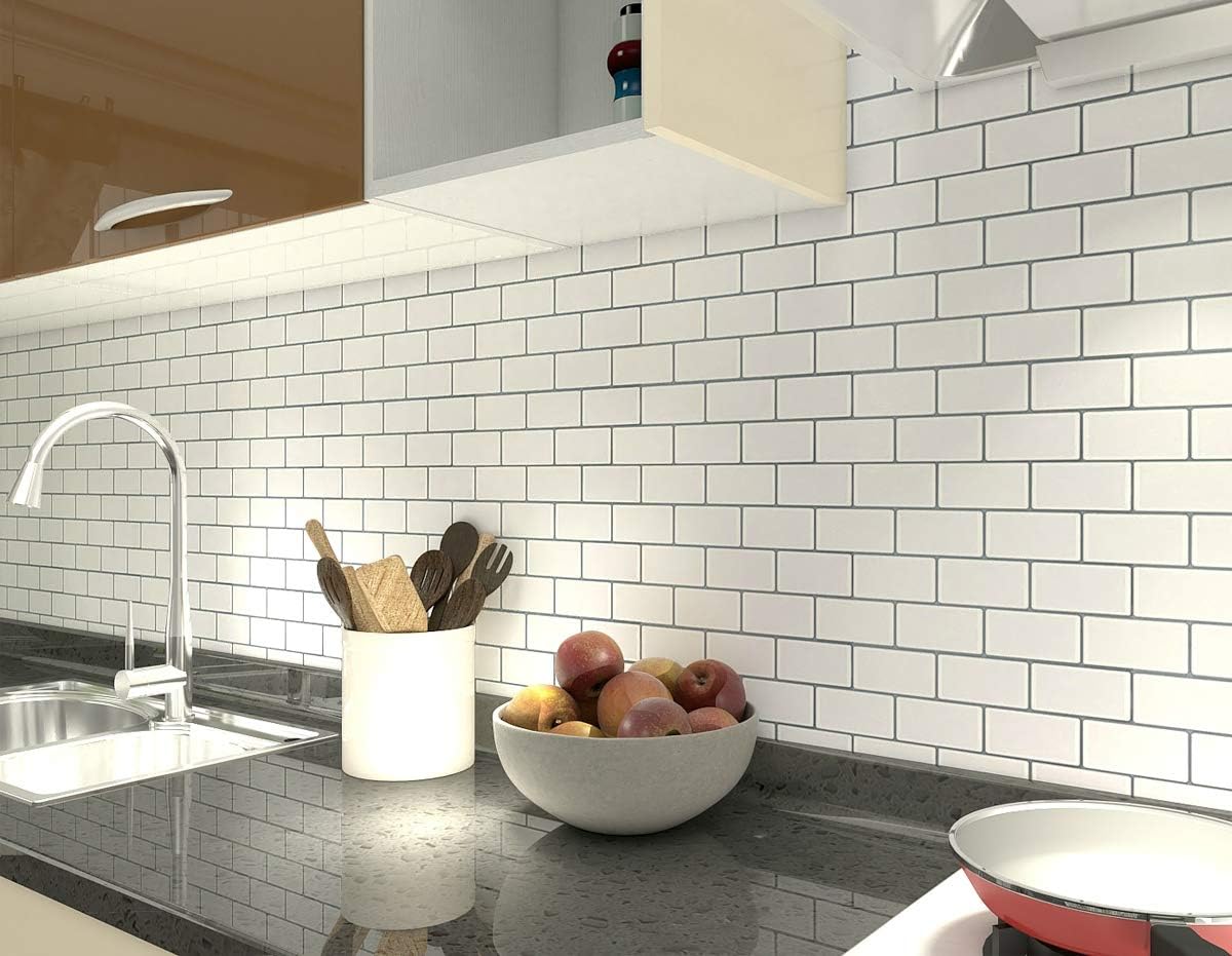 Art3d 10-Sheet Peel and Stick Backsplash Tiles, 12"x12" Subway 3D Wall Panels for Kitchen and Bathroom Mono White with Gray Grout - Image 4