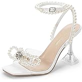 DREAM PAIRS Stiletto Bow Heels for Women Strappy Sparkly Rhinestone Square Toe Clear Crystal High Sandals for Party Wedding