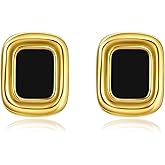Chunky Black and Gold Earrings for Women,Vintage Square Earrings, 18K Gold Plated Black Statement Earrings, Hypoallergenic Stainless Steel,Geometric Jewelry Gift for Her Non Tarnish