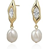 Handmade Freshwater Cultured White Baroque Pearl Dangling Drop Earrings for Women, 14K Gold Plated