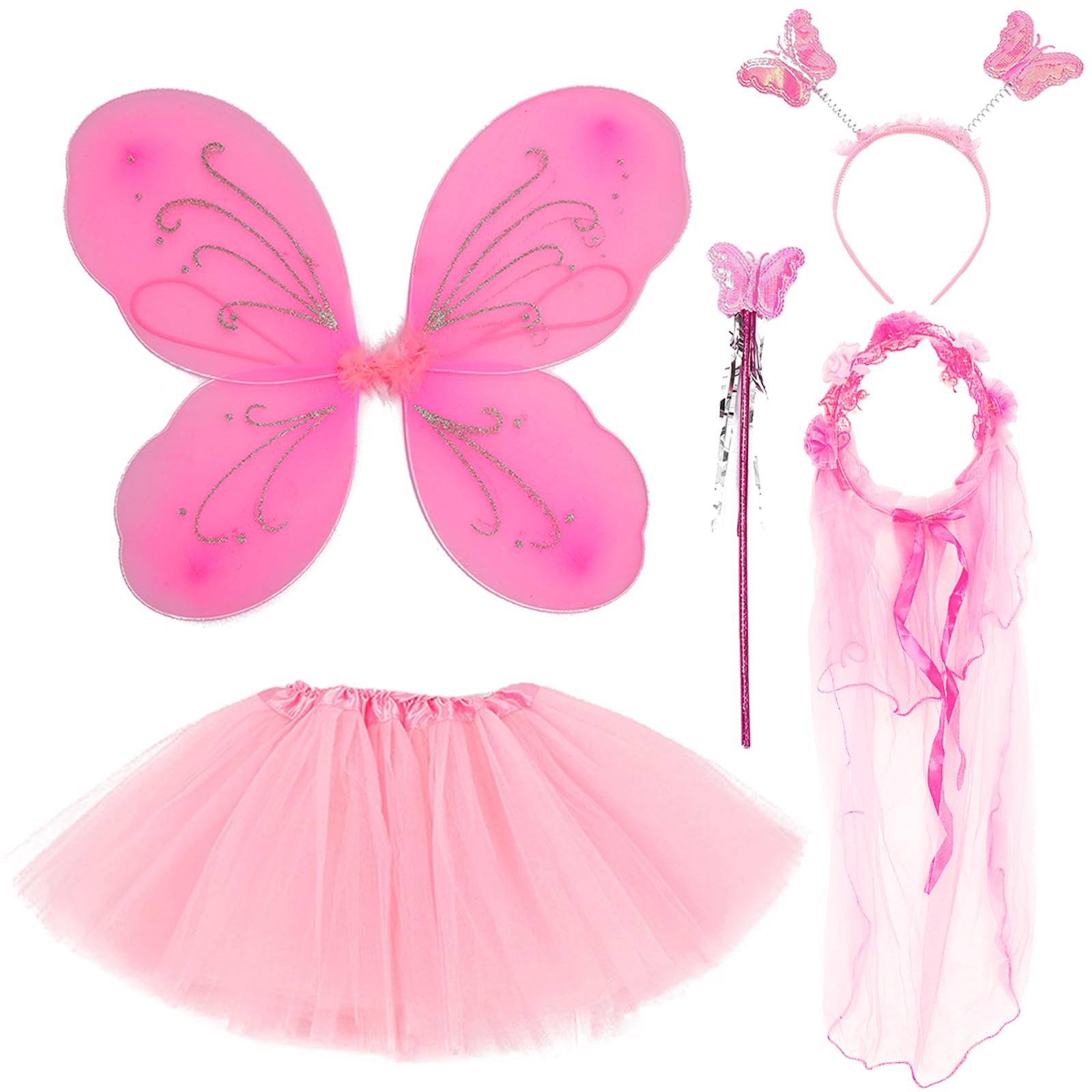 BDSHUNBF 5 Pcs Fairy Wings & Dressing Up Costume for Girls - Butterfly Wings, Tutu, Magic Wand & Headband Set