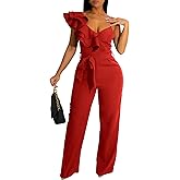 kaimimei Womens Casual Jumpsuits V-Neck Sleeveless Ruffle Backless Belted Wide Leg Pant Sexy Romper Party Clubwear