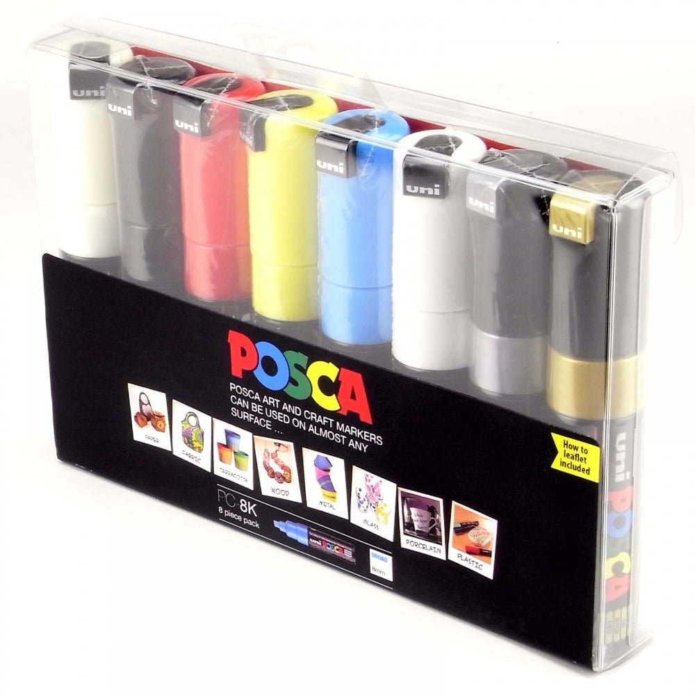 POSCA Marker 8mm - Gold/Silver/White/Yellow/Light Blue/Ivory/Red/Black (Pack of 8)