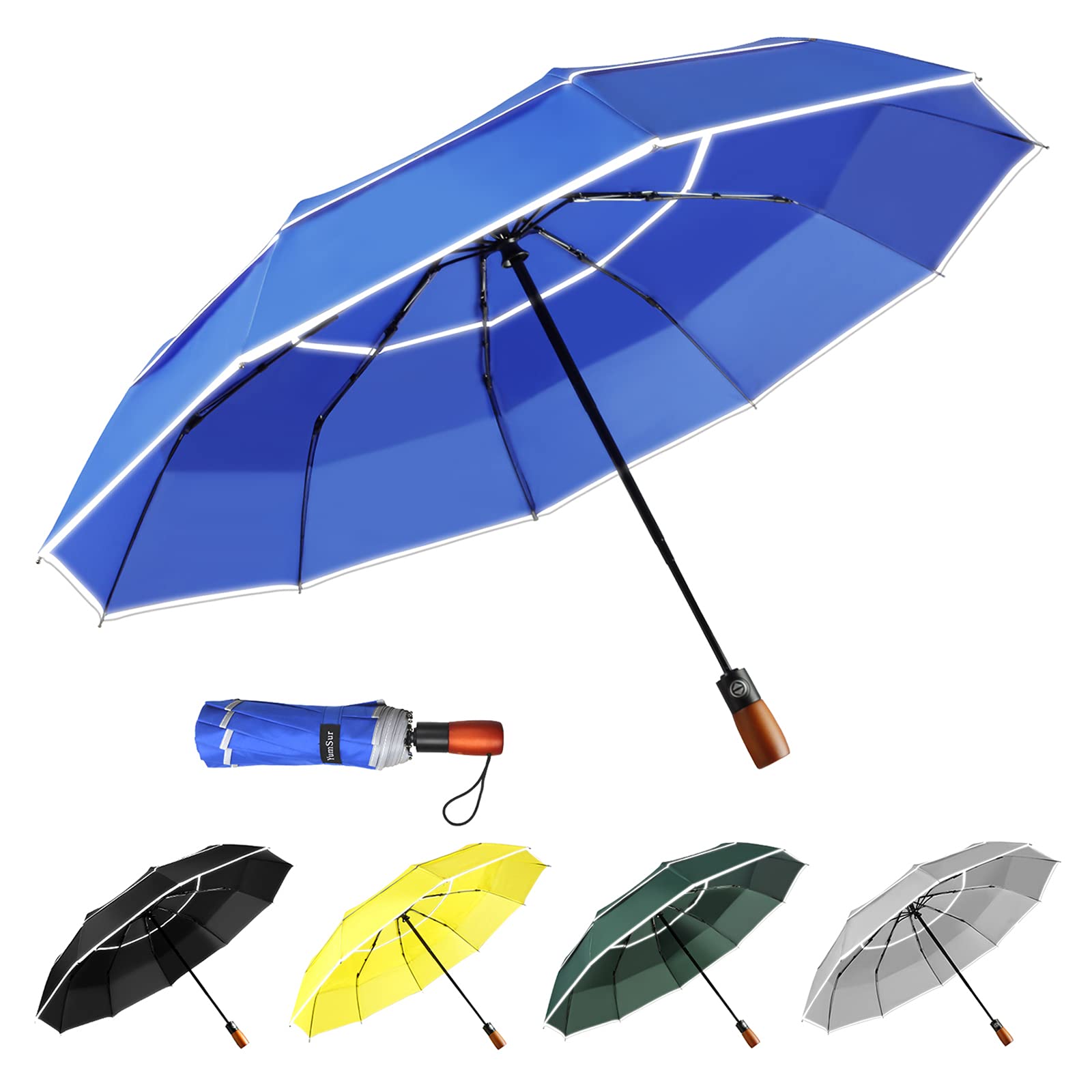 YumSur Automatic Windproof Umbrella,Compact Strong and Portable Umbrella, Double Canopy, Non-slip Handle, Travel Folding Umbrella with Reinforced Frame For Men & Women Raininy Days Night Time Use