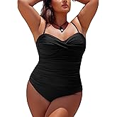 Ocean Blues Women’s Bandeau One Pieces Swimsuit Molded Cups Shirring Tummy Control Bathing Suit