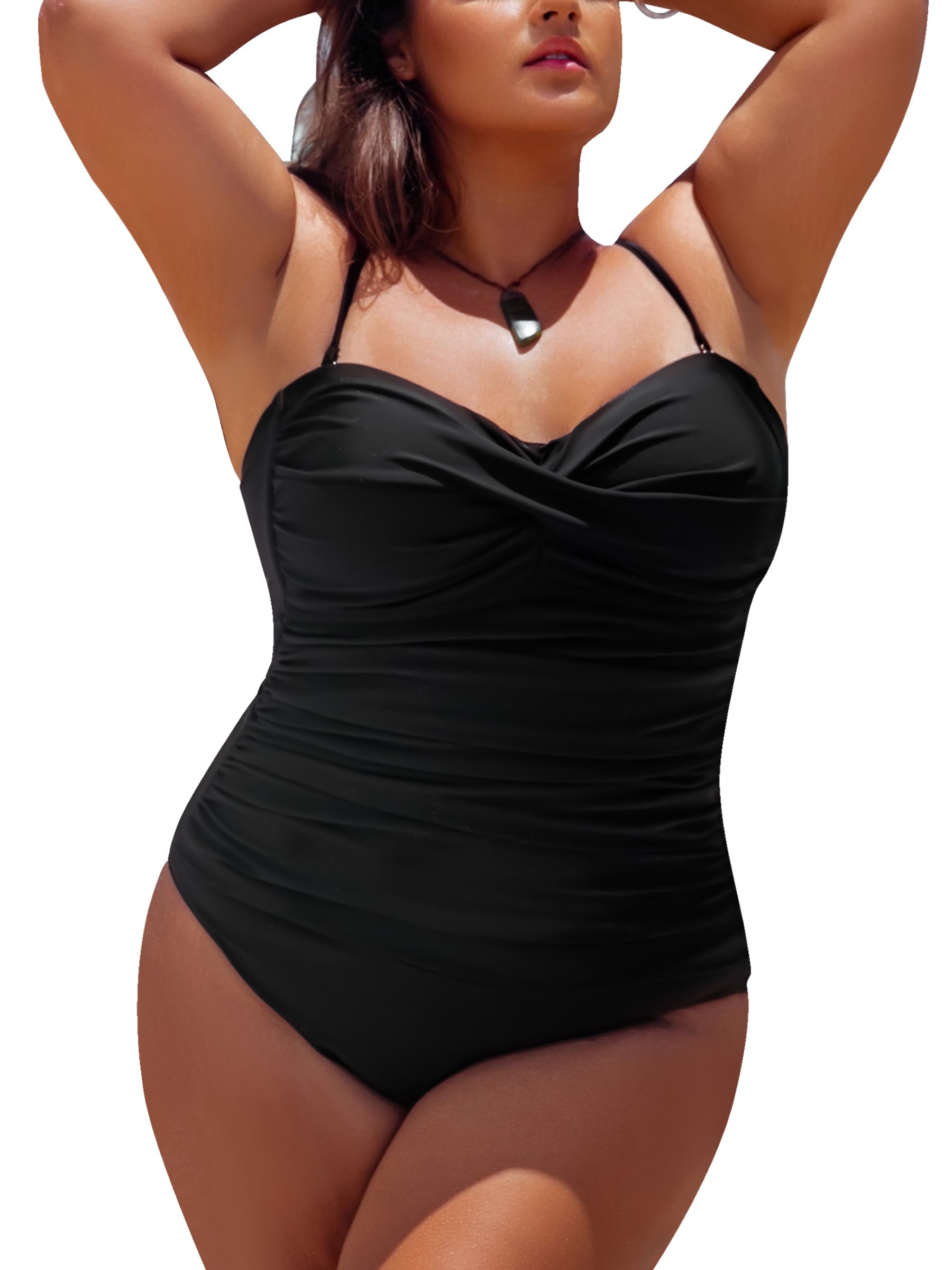 Photo 1 of Ocean Blues Women’s Bandeau One Pieces Molded Cups Shirring Tummy Control Bathing Suit Black Size XX-Large