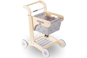 UMU® Wooden Shopping Cart for Kids – Pretend Play Grocery Walker Toy with Rubber Wheels and Storage – for Children Age 3 Years and Up