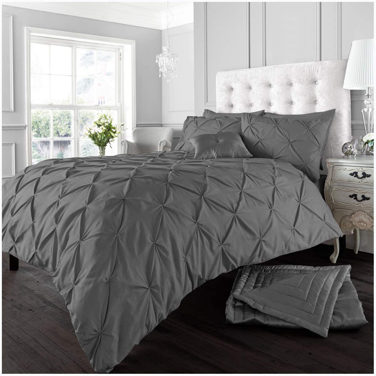 GC GAVENO CAVAILIA Luxury Pintuck Duvet Cover Single, Polycotton Pinch Pleat Bedding Sets, Washable Quilt Covers With Pillow Case Charcoal