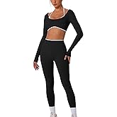 AGYMNX 2 Piece Workout Sets for Women Contrast Panel Long Sleeve Halter Crop Top and High Waist Leggings Jogger Outfits