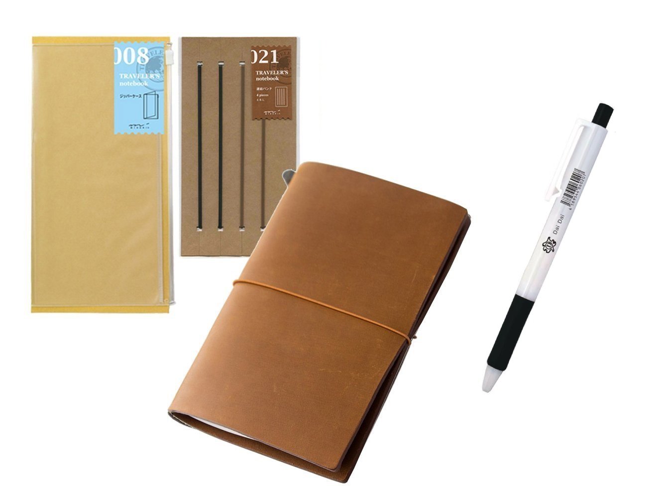 Midori Traveler's Notebook Leather BUNDLE SET, Regular Size Camel, Refill Connection Rubber Band, Clear Zipper Case, DaiDai Original ballpoint pen Made from Zebra