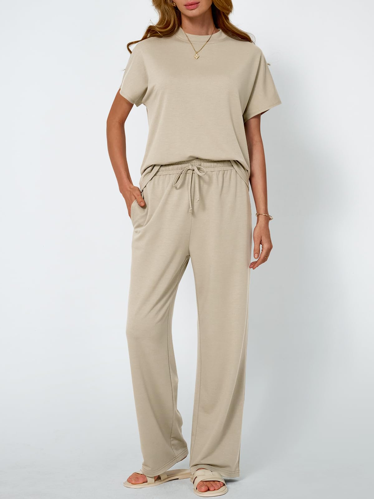 AUTOMET Womens 2 Two Piece Lounge Set Sweatsuit Sweat Suit 2025 Summer Short Sleeve Pants Matching Loungewear Vacation Travel Airport Resort Wear Beach Spring Outfits Clothes - Image 2