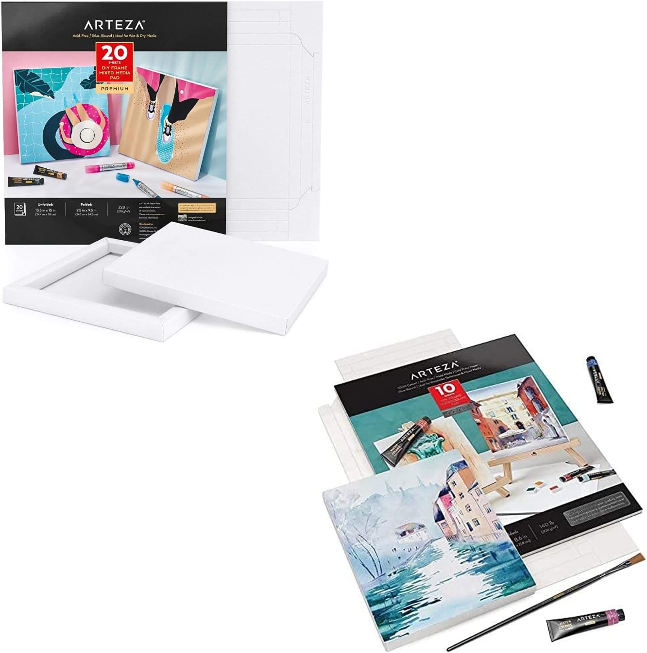 Arteza Watercolor Paper Canvas Pad Folded Size 7x8.6 Inches 10 Sheets and Mixed Media Paper Canvas Pad, 9.5x9.5 Inches 20 Sheets Bundle, Painting Art Supplies for Artist, Hobby Painters & Beginners