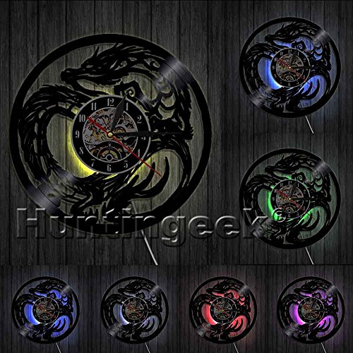 The Geeky Days Chic Dragon Wall Clock Tattoo Tribal Dungeon Master Dragon Wall Art Teen Room Decor Fairy Dragon Vinyl Record Clock Gargoyles Clock (with LED)
