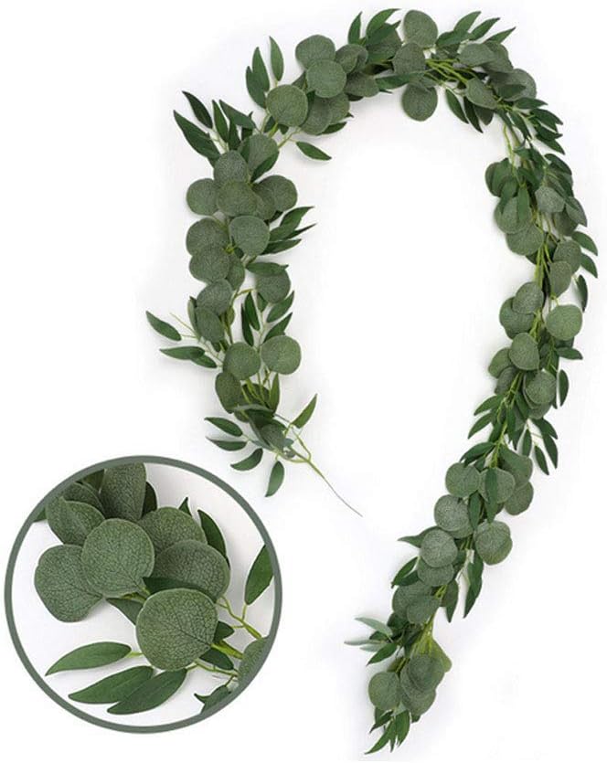 Changjin Artificial Eucalyptus Garland Faux Silver Dollar Eucalyptus Leaves Vines Garland Doorways Greenery Table Runner Wedding Backdrop Arch Wall Decor Indoor Outdoor (B)