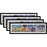 JCJMY 8x24 Picture Frame Set of 4 with 6x22 Mat, Panoramic Picture Frame Display Photo 6x22 with Mat or 8 x 24 Without Mat, Wall Hanging Large 8 by 24 Poster Frame with Plexiglass, 4 Pack, Black